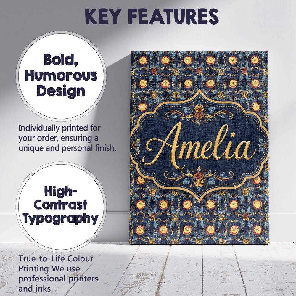 Personalised Name Dark Navy Gold Botanical Custom  Unique Gift Idea Elegant Feature Canvas Wall Art Print Decor Picture Ready to Hang