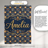 Dark Navy Gold Botanical Floral Luxury Seamless Pattern Name Cute  Personalised Custom Name Super Soft Fleece Blanket Bed Sofa Throw