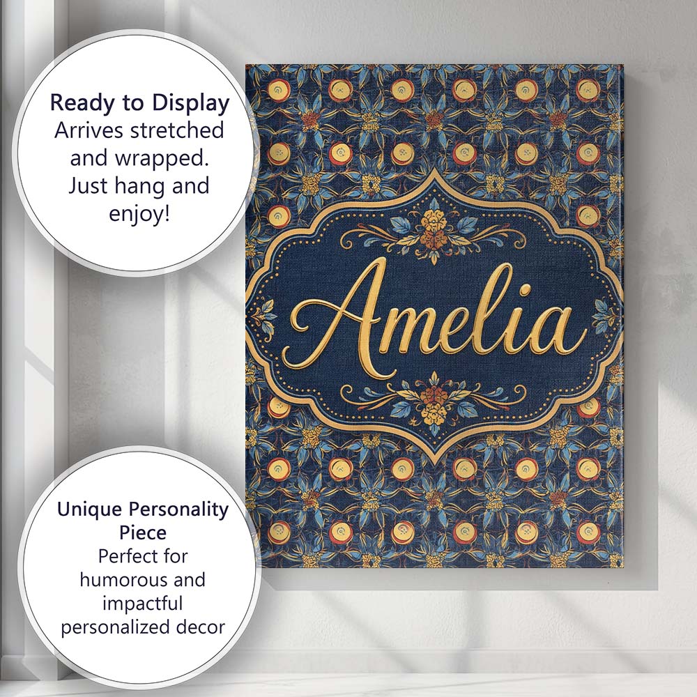 Personalised Name Dark Navy Gold Botanical Custom  Unique Gift Idea Elegant Feature Canvas Wall Art Print Decor Picture Ready to Hang