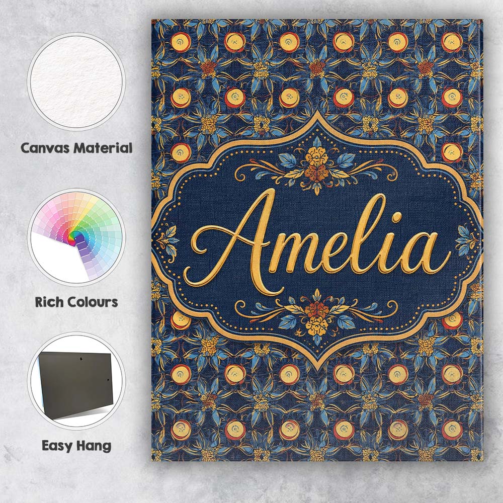 Personalised Name Dark Navy Gold Botanical Custom  Unique Gift Idea Elegant Feature Canvas Wall Art Print Decor Picture Ready to Hang