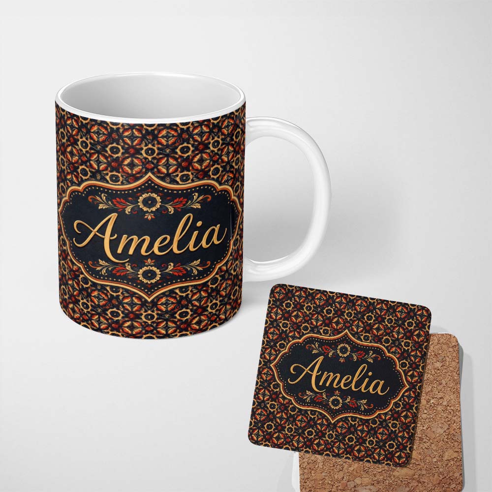 Personalized Custom Name Rich Red Black Ornamental Floral Tile Seamless Pattern Name Cute 11oz Ceramic Coffee Tea Mug White Large Handle