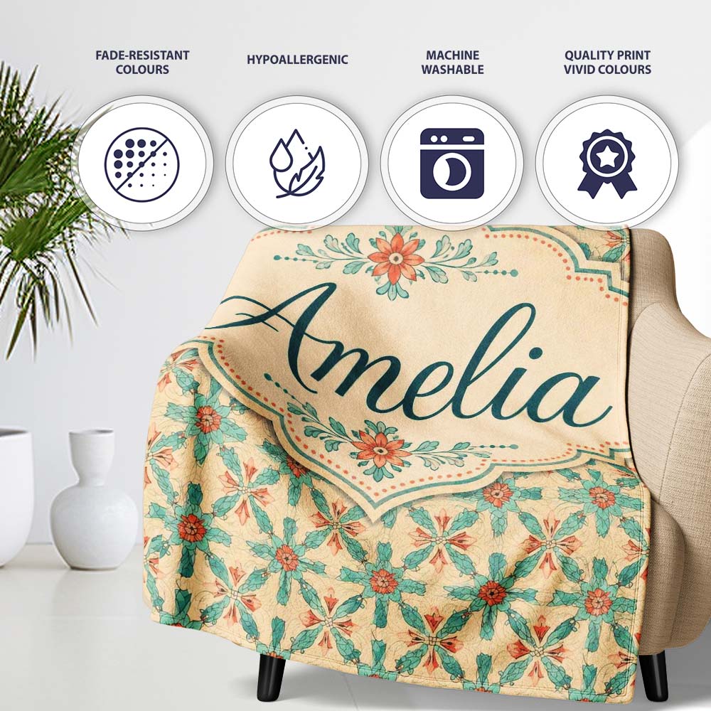 Elegant Teal Coral Symmetrical Floral Pattern Seamless Name Cute  Personalised Custom Name Super Soft Fleece Blanket Bed Sofa Throw