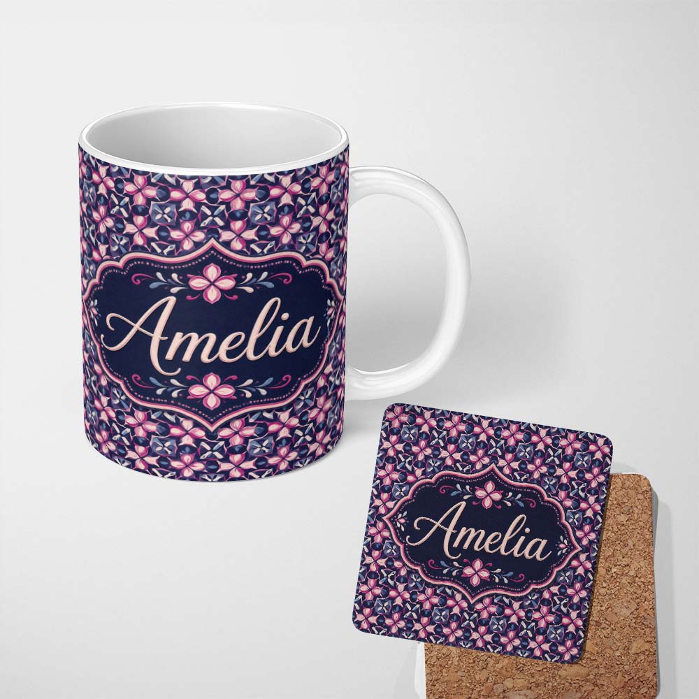 Personalized Custom Name Geometric Pink Purple Floral Tile Seamless Pattern Name Cute Unique 11oz Ceramic Coffee Tea Mug White Large Handle