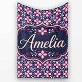 Geometric Pink Purple Floral Tile Seamless Pattern Name Cute Unique  Personalised Custom Name Super Soft Fleece Blanket Bed Sofa Throw