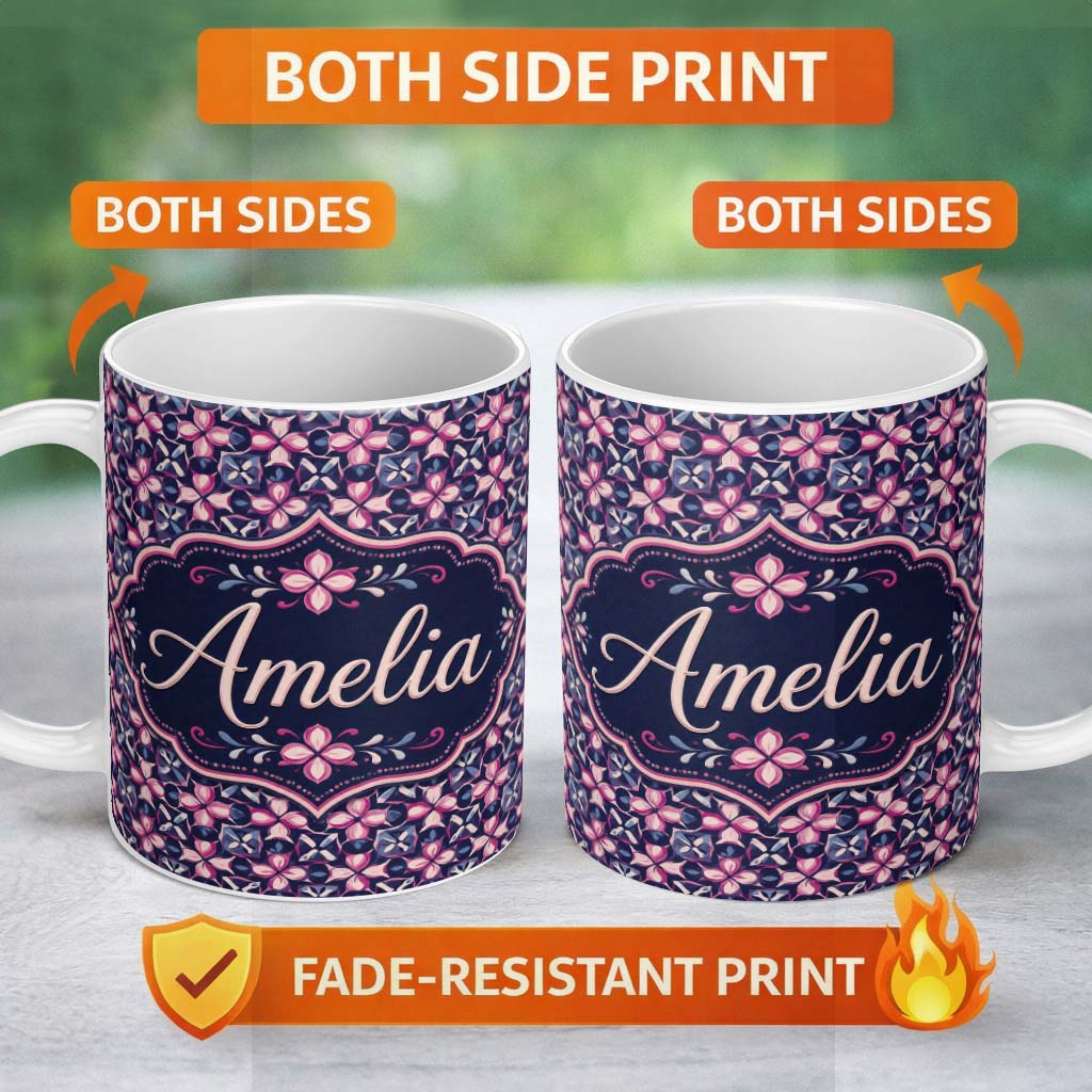 Personalized Custom Name Geometric Pink Purple Floral Tile Seamless Pattern Name Cute Unique 11oz Ceramic Coffee Tea Mug White Large Handle