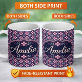 Personalized Custom Name Geometric Pink Purple Floral Tile Seamless Pattern Name Cute Unique 11oz Ceramic Coffee Tea Mug White Large Handle