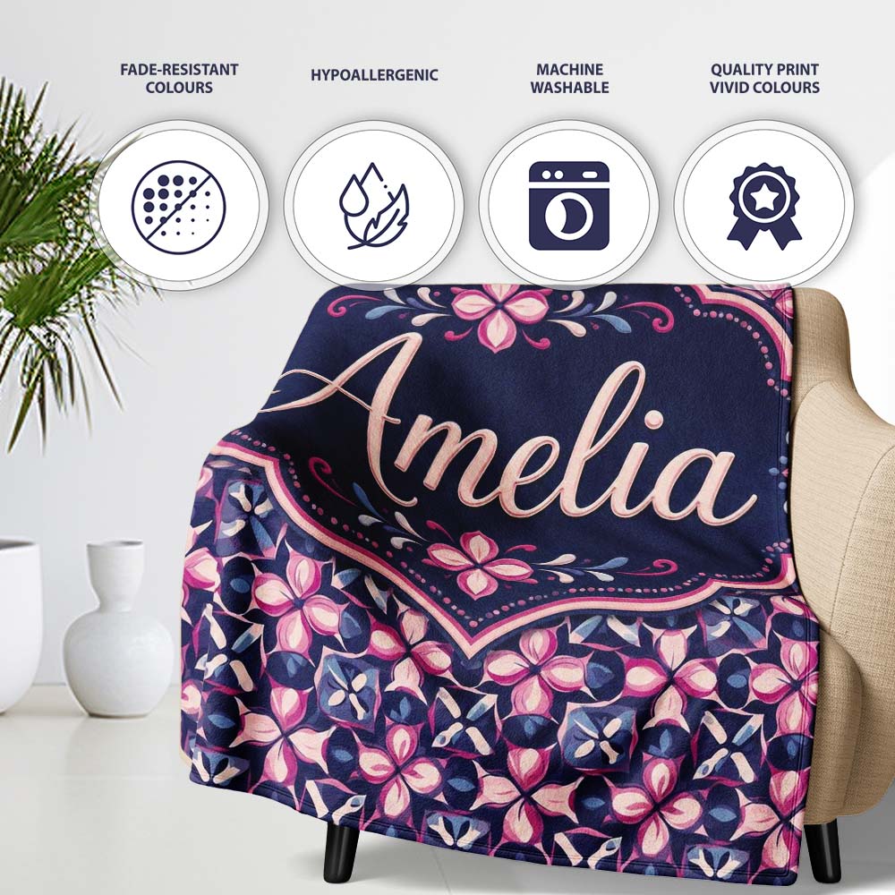Geometric Pink Purple Floral Tile Seamless Pattern Name Cute Unique  Personalised Custom Name Super Soft Fleece Blanket Bed Sofa Throw