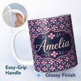 Personalized Custom Name Geometric Pink Purple Floral Tile Seamless Pattern Name Cute Unique 11oz Ceramic Coffee Tea Mug White Large Handle