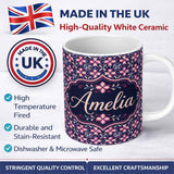 Personalized Custom Name Geometric Pink Purple Floral Tile Seamless Pattern Name Cute Unique 11oz Ceramic Coffee Tea Mug White Large Handle
