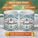 Personalized Custom Name Watercolor Mediterranean Tile Blue and Orange Floral Seamless Lovely 11oz Ceramic Coffee Tea Mug White Large Handle