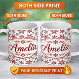 Personalized Custom Name Red Snowflake Winter Holiday Minimal Seamless Pattern Lovely 11oz Ceramic Coffee Tea Mug White Large Handle