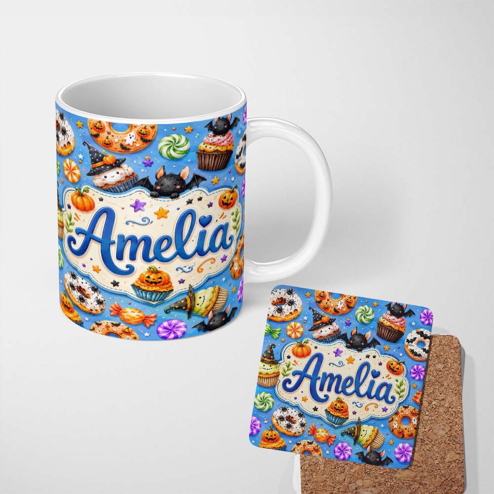 Personalized Custom Name Cute Halloween Spooky Donut Cupcakes Treat Sky Blue Background 11oz Ceramic Coffee Tea Mug White Large Handle