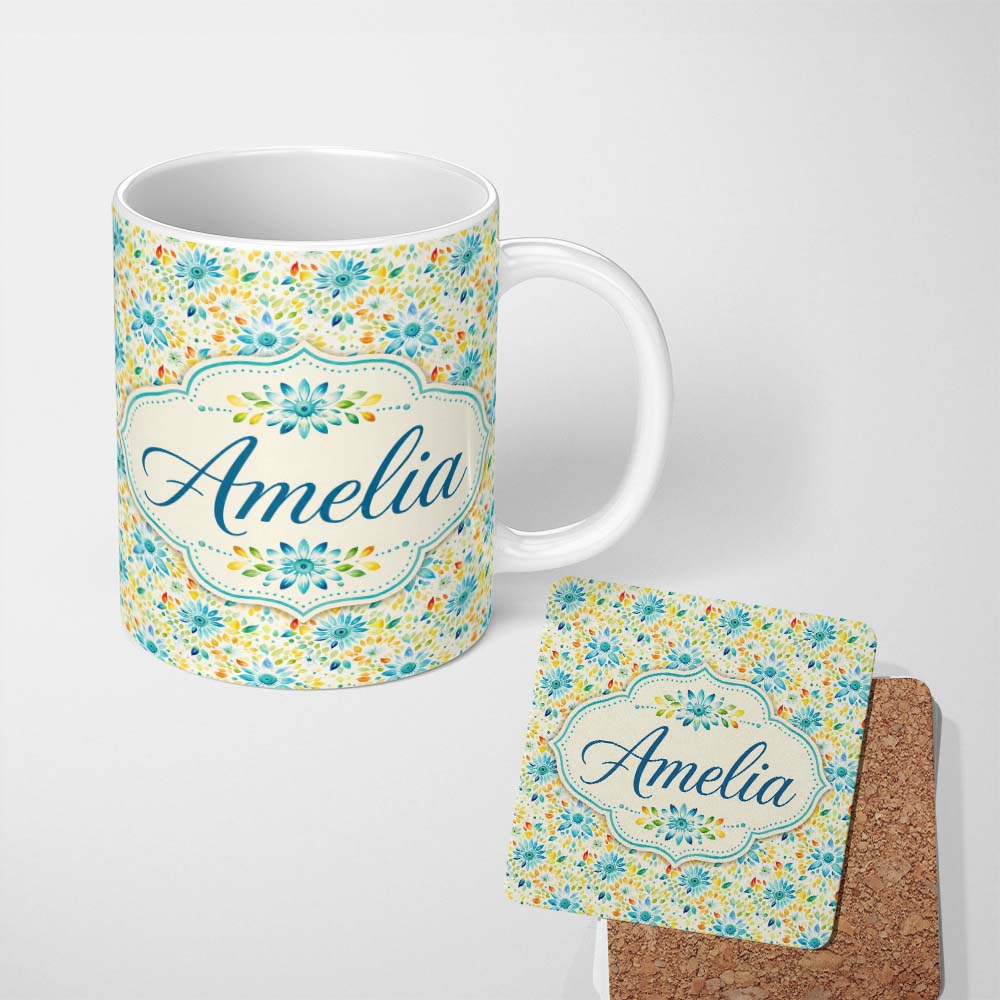 Personalized Custom Name Bright Blue Yellow Watercolor Floral Seamless Pattern Name Cute 11oz Ceramic Coffee Tea Mug White Large Handle