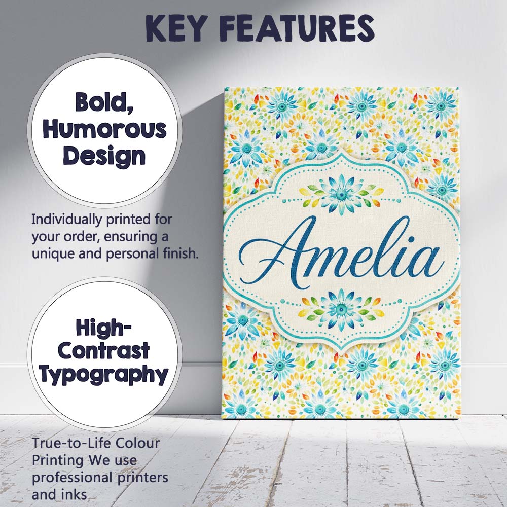 Personalised Name Bright Blue Yellow Custom Premium Decorative Design Modern Room Accent Canvas Wall Art Print Decor Picture Ready to Hang