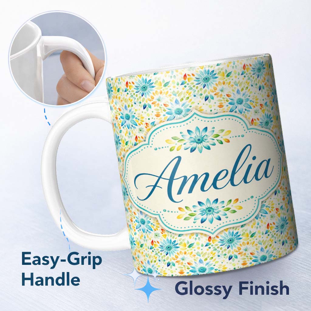 Personalized Custom Name Bright Blue Yellow Watercolor Floral Seamless Pattern Name Cute 11oz Ceramic Coffee Tea Mug White Large Handle