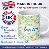 Personalized Custom Name Bright Blue Yellow Watercolor Floral Seamless Pattern Name Cute 11oz Ceramic Coffee Tea Mug White Large Handle