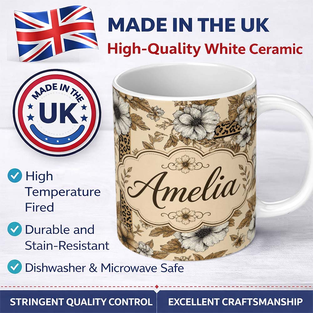 Personalized Custom Name Vintage Neutral Floral Detailed Flowers and Leopard Print Panel 11oz Ceramic Coffee Tea Mug White Large Handle