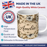Personalized Custom Name Vintage Neutral Floral Detailed Flowers and Leopard Print Panel 11oz Ceramic Coffee Tea Mug White Large Handle
