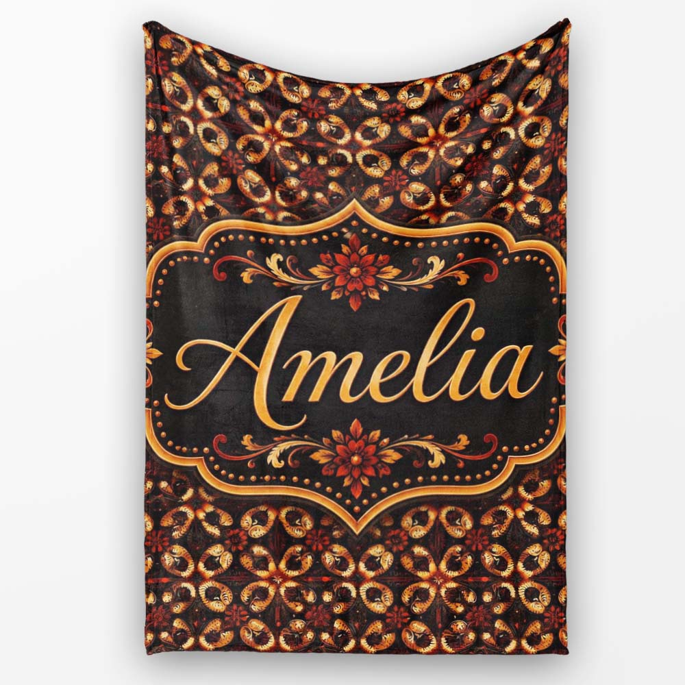 Dark Brown Gold Vintage Ornamental Floral Seamless Pattern Name Cute  Personalised Custom Name Super Soft Fleece Blanket Bed Sofa Throw