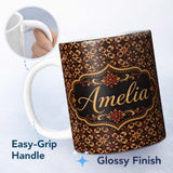 Personalized Custom Name Dark Brown Gold Vintage Ornamental Floral Seamless Pattern Name Cute 11oz Ceramic Coffee Tea Mug White Large Handle