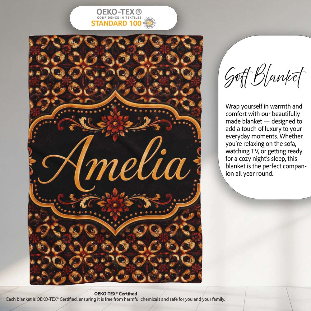 Dark Brown Gold Vintage Ornamental Floral Seamless Pattern Name Cute  Personalised Custom Name Super Soft Fleece Blanket Bed Sofa Throw