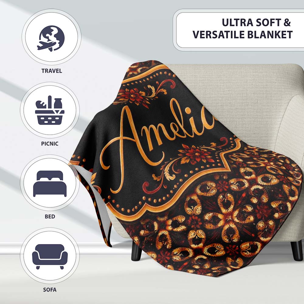 Dark Brown Gold Vintage Ornamental Floral Seamless Pattern Name Cute  Personalised Custom Name Super Soft Fleece Blanket Bed Sofa Throw