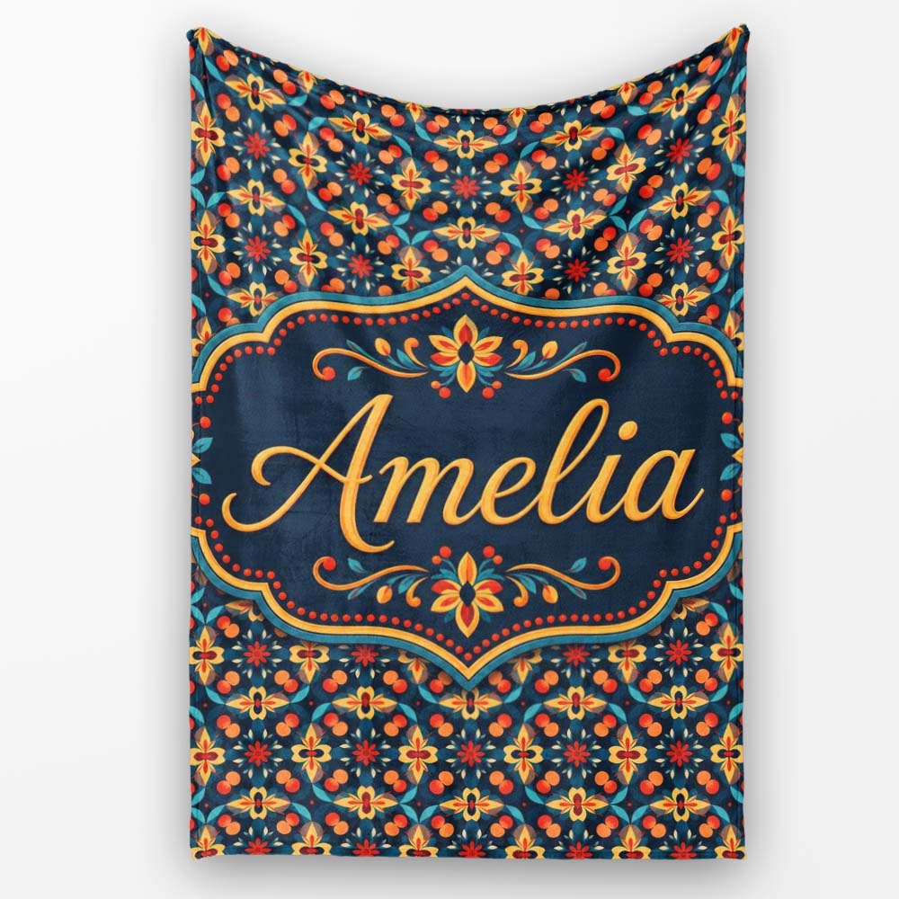 Geometric Floral Pattern with Orange Teal and Gold Symmetry Name  Personalised Custom Name Super Soft Fleece Blanket Bed Sofa Throw