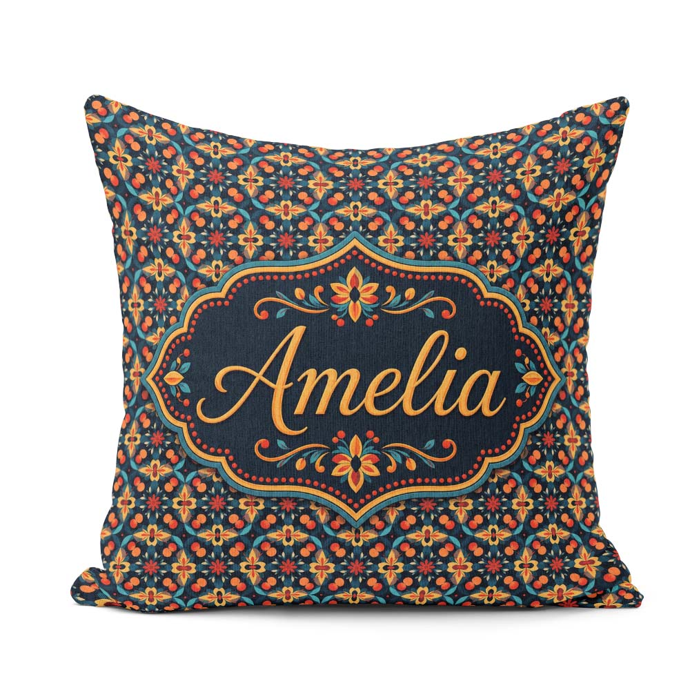 Custom Name Geometric Floral Pattern with Teal and Gold Symmetry Square Filled Cushion Throw Pillow Sofa Bed Home Decor Zip Washable UK Made