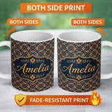 Personalized Custom Name Geometric Floral Pattern with Orange Teal and Gold Symmetry Name 11oz Ceramic Coffee Tea Mug White Large Handle