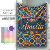 Geometric Floral Pattern with Orange Teal and Gold Symmetry Name  Personalised Custom Name Super Soft Fleece Blanket Bed Sofa Throw