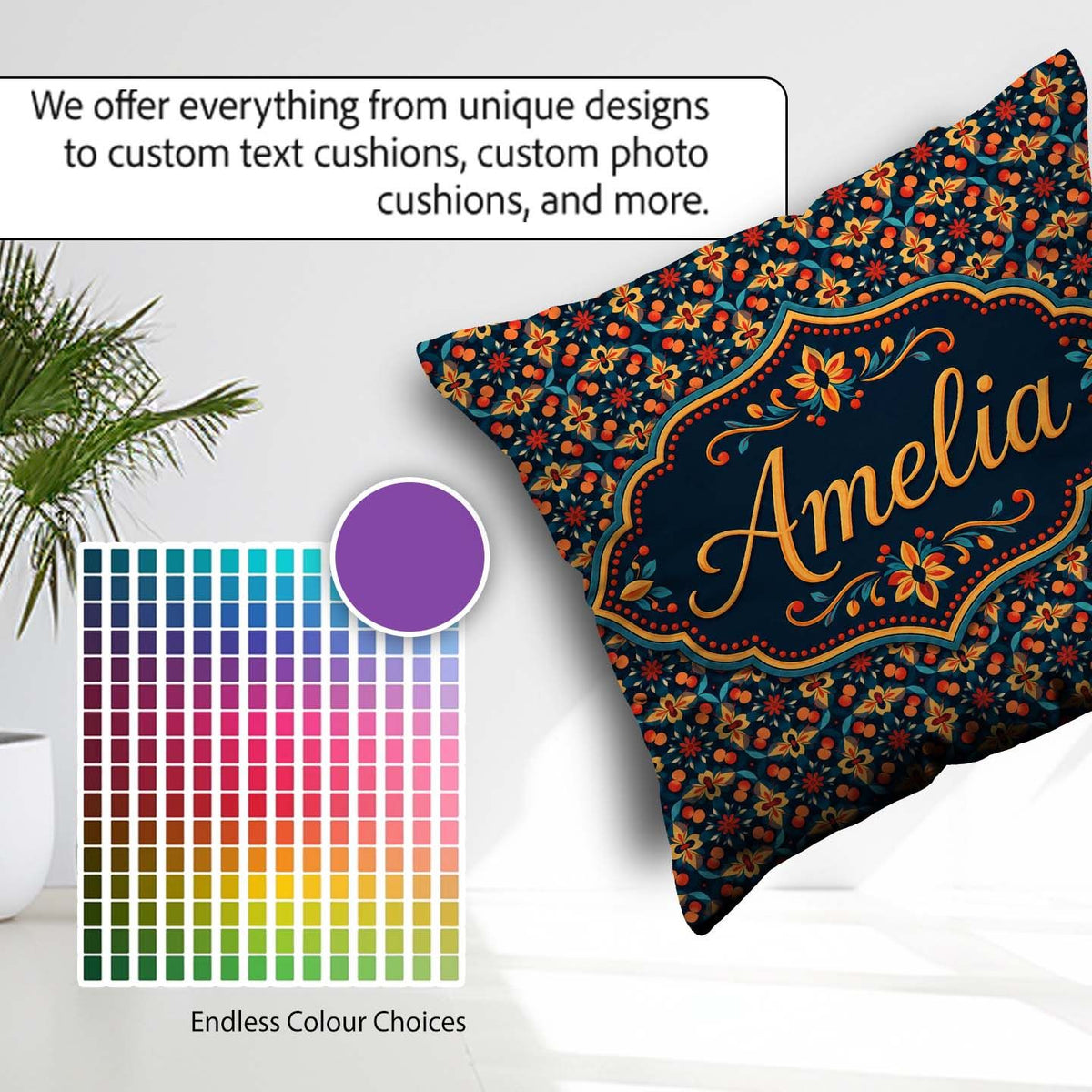 Custom Name Geometric Floral Pattern with Teal and Gold Symmetry Square Filled Cushion Throw Pillow Sofa Bed Home Decor Zip Washable UK Made
