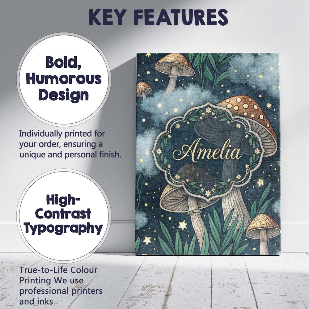 Personalised Name Mushrooms Night Sky Magical Forest Seamless Custom Contemporary Display Canvas Wall Art Print Decor Picture Ready to Hang