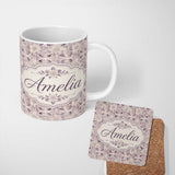 Personalized Custom Name Soft Vintage Floral Lace Pattern in Beige and Lavender Tones 11oz Ceramic Coffee Tea Mug White Large Handle