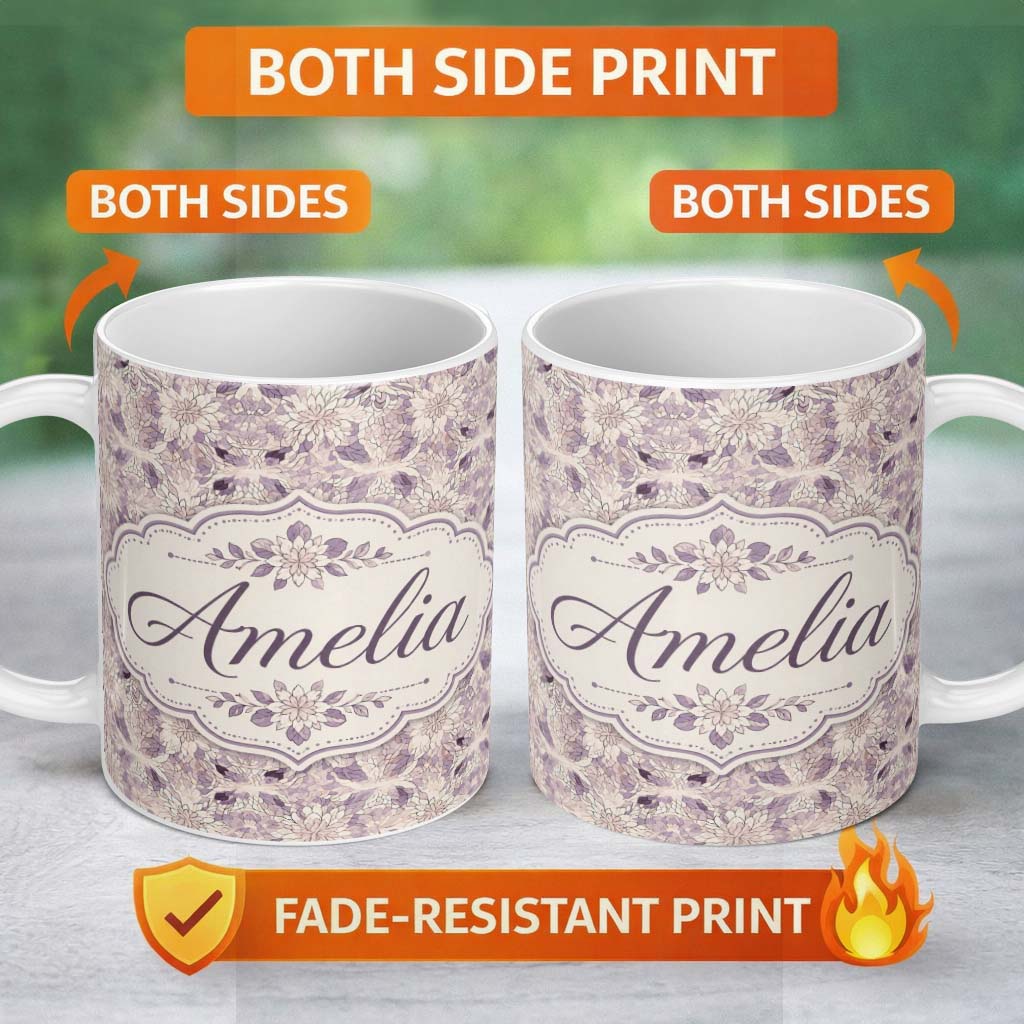 Personalized Custom Name Soft Vintage Floral Lace Pattern in Beige and Lavender Tones 11oz Ceramic Coffee Tea Mug White Large Handle