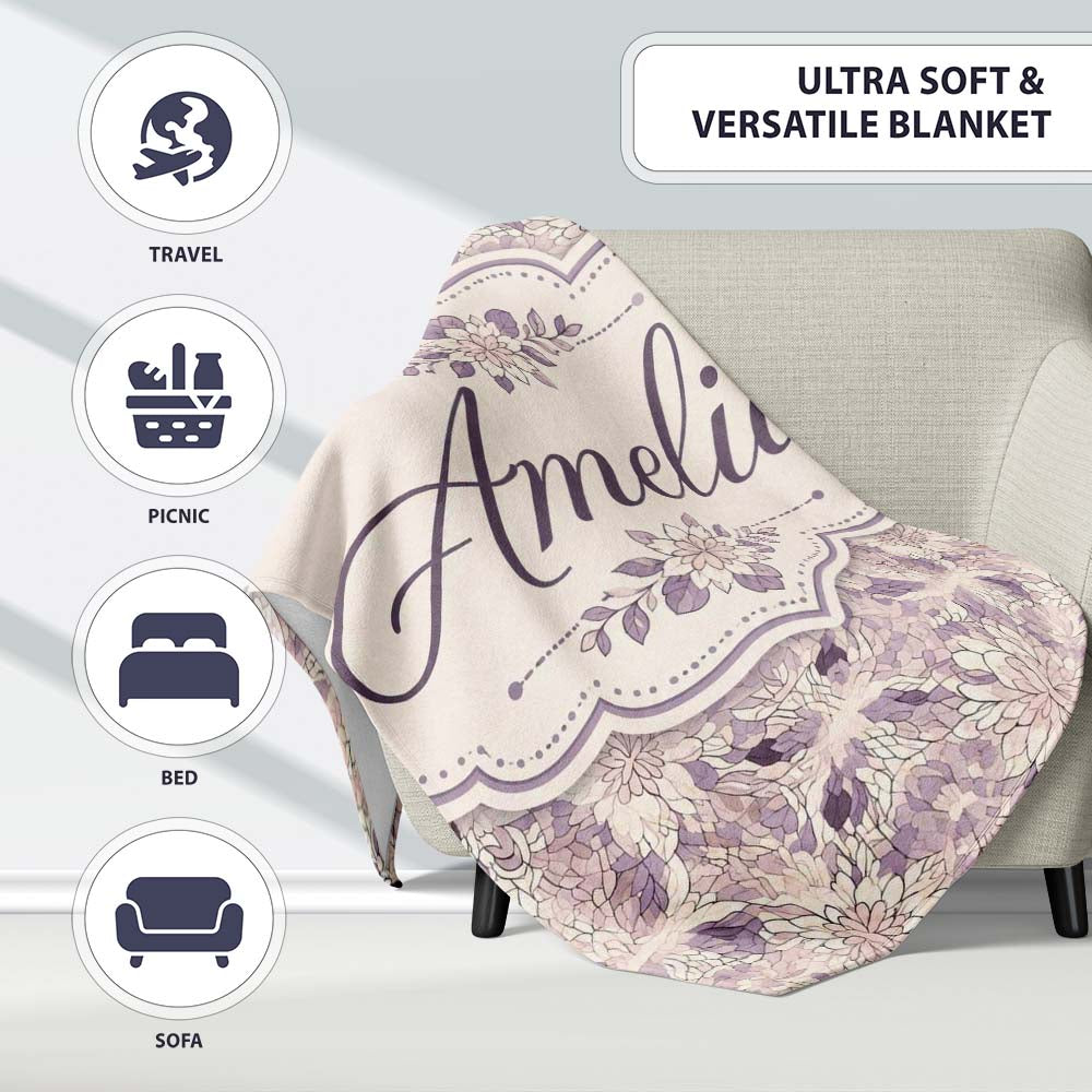 Soft Vintage Floral Lace Pattern in Beige and Lavender Tones  Personalised Custom Name Super Soft Fleece Blanket Bed Sofa Throw