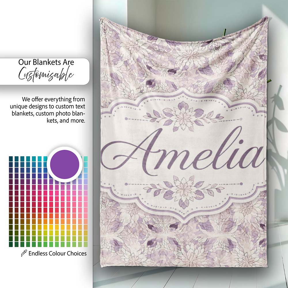 Soft Vintage Floral Lace Pattern in Beige and Lavender Tones  Personalised Custom Name Super Soft Fleece Blanket Bed Sofa Throw
