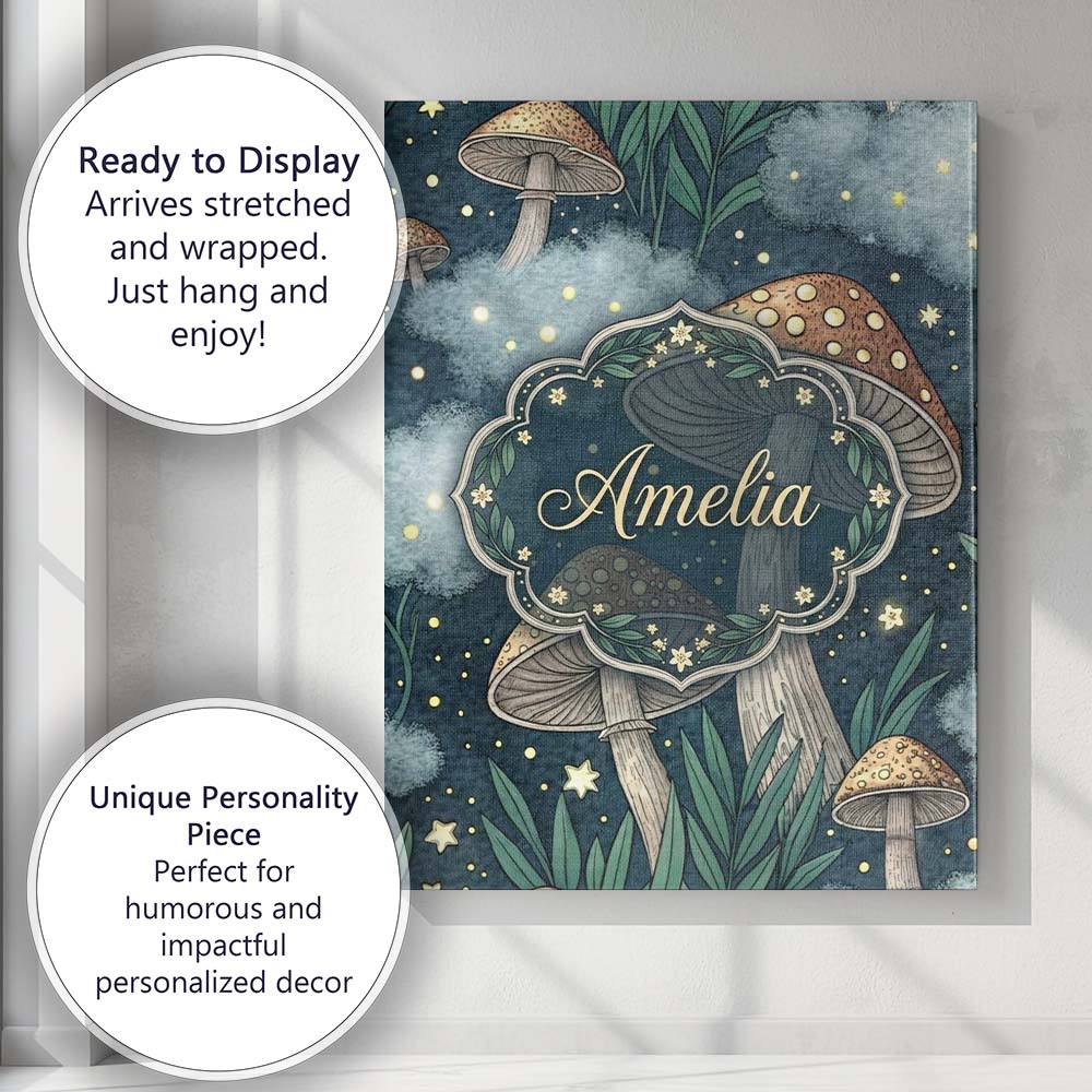 Personalised Name Mushrooms Night Sky Magical Forest Seamless Custom Contemporary Display Canvas Wall Art Print Decor Picture Ready to Hang