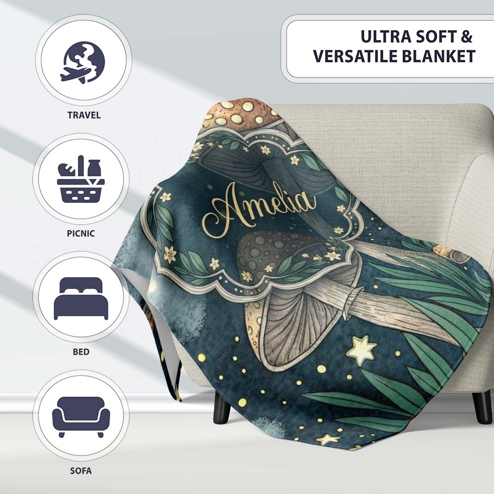 Mushrooms Night Sky Magical Forest Seamless Pattern Cute Unique Gift  Personalised Custom Name Super Soft Fleece Blanket Bed Sofa Throw
