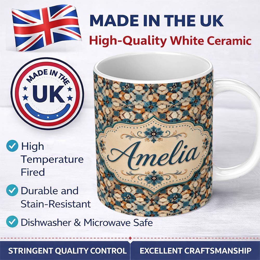 Personalized Custom Name Rustic Floral Patchwork Pattern with Blue Cream and Warm Earth 11oz Ceramic Coffee Tea Mug White Large Handle