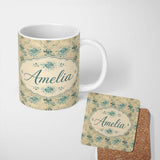 Personalized Custom Name Abstract Botanical Ink Splash Pattern in Teal on Aged Beige 11oz Ceramic Coffee Tea Mug White Large Handle