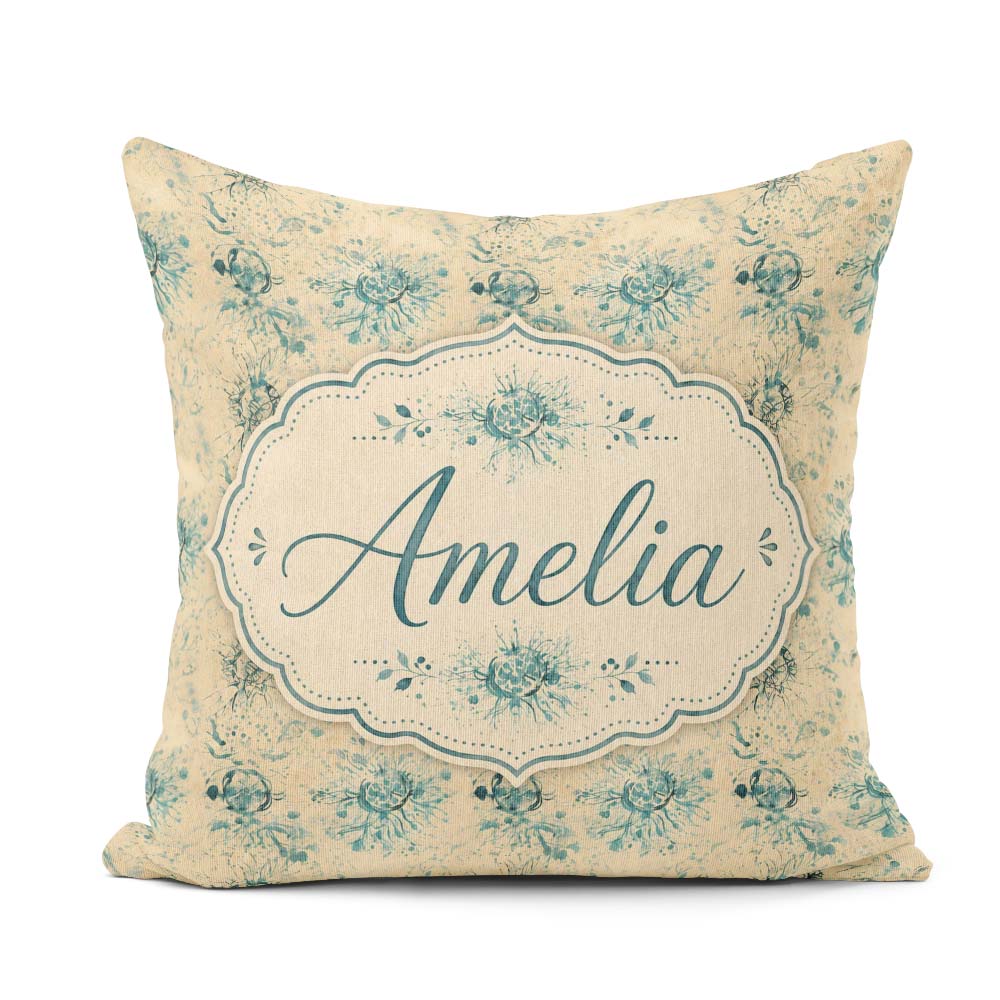 Custom Name Abstract Botanical Ink Pattern in Teal on Aged Beige Square Filled Cushion Throw Pillow Sofa Bed Home Decor Zip Washable UK Made