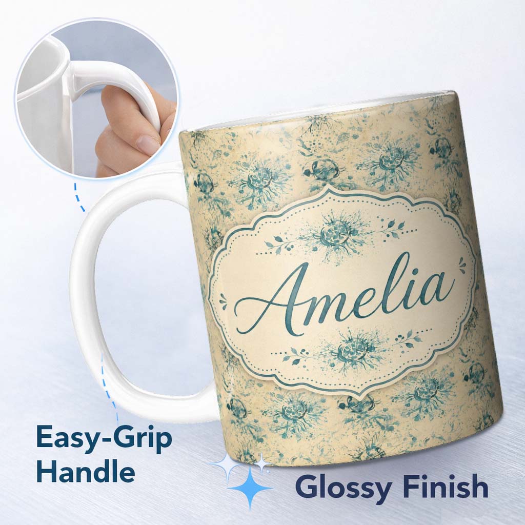 Personalized Custom Name Abstract Botanical Ink Splash Pattern in Teal on Aged Beige 11oz Ceramic Coffee Tea Mug White Large Handle