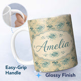 Personalized Custom Name Abstract Botanical Ink Splash Pattern in Teal on Aged Beige 11oz Ceramic Coffee Tea Mug White Large Handle