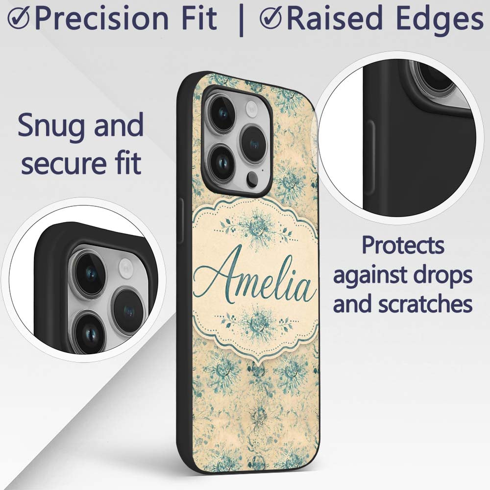 Abstract Botanical Ink Splash Pattern in Teal on Custom Name Protective Phone Case Mobile Cover Durable Everyday Smartphone Shock Resistant