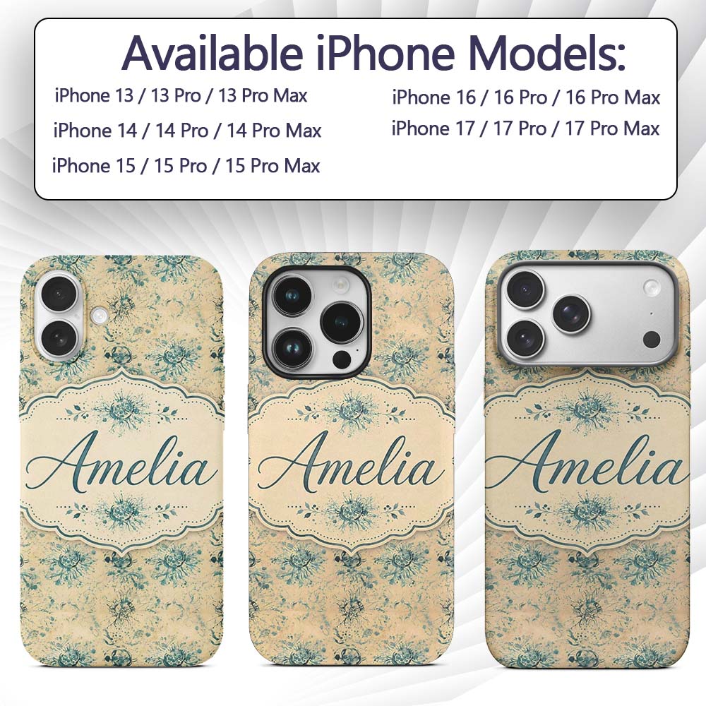 Abstract Botanical Ink Splash Pattern in Teal on Custom Name Protective Phone Case Mobile Cover Durable Everyday Smartphone Shock Resistant