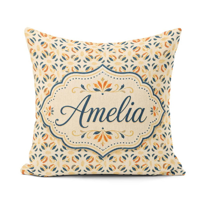 Custom Name Organic Leaf and Petal Pattern in Warm Neutrals Blue Square Filled Cushion Throw Pillow Sofa Bed Home Decor Zip Washable UK Made