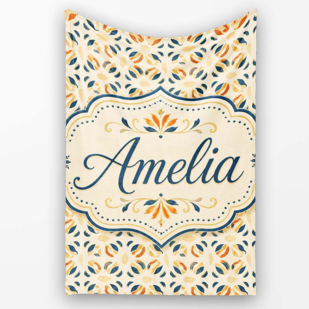 Modern Organic Leaf and Petal Pattern in Warm Neutrals Blue Accents  Personalised Custom Name Super Soft Fleece Blanket Bed Sofa Throw