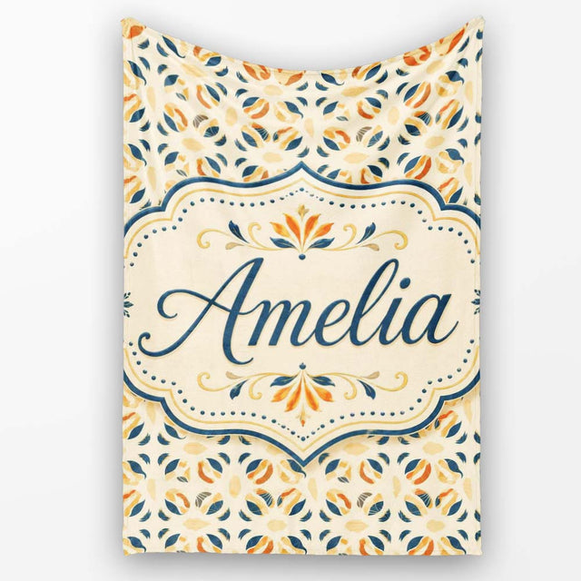 Modern Organic Leaf and Petal Pattern in Warm Neutrals Blue Accents  Personalised Custom Name Super Soft Fleece Blanket Bed Sofa Throw