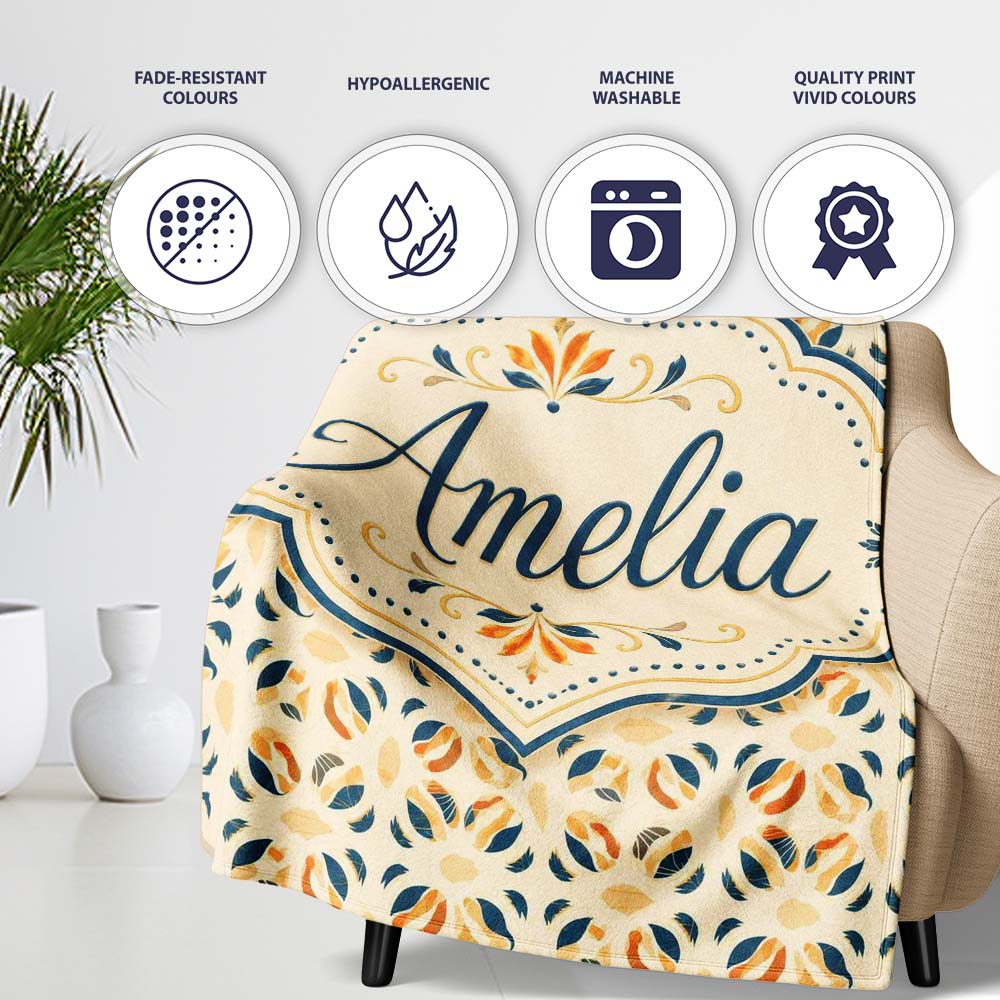 Modern Organic Leaf and Petal Pattern in Warm Neutrals Blue Accents  Personalised Custom Name Super Soft Fleece Blanket Bed Sofa Throw