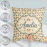 Custom Name Organic Leaf and Petal Pattern in Warm Neutrals Blue Square Filled Cushion Throw Pillow Sofa Bed Home Decor Zip Washable UK Made